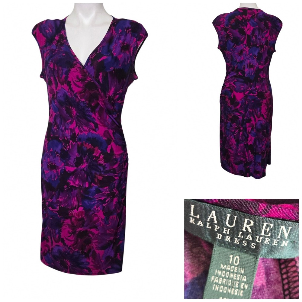 Lauren Ralph Lauren Purple Magenta Floral Faux Wrap Ruched Sheath Dress 10